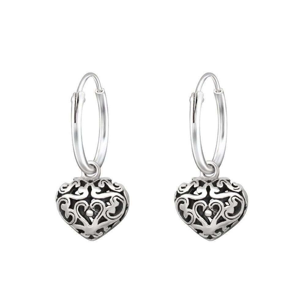Sterling Silver Filigree Heart Hoop Earrings 12mm